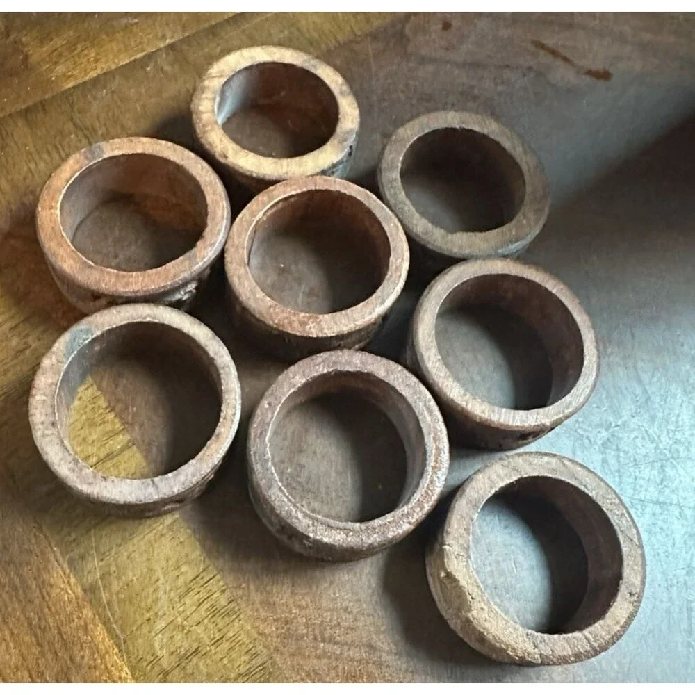 Vintage Carved Teak Wood Napkin Rings Set of 8 Measures 1 7/8 by 5/8